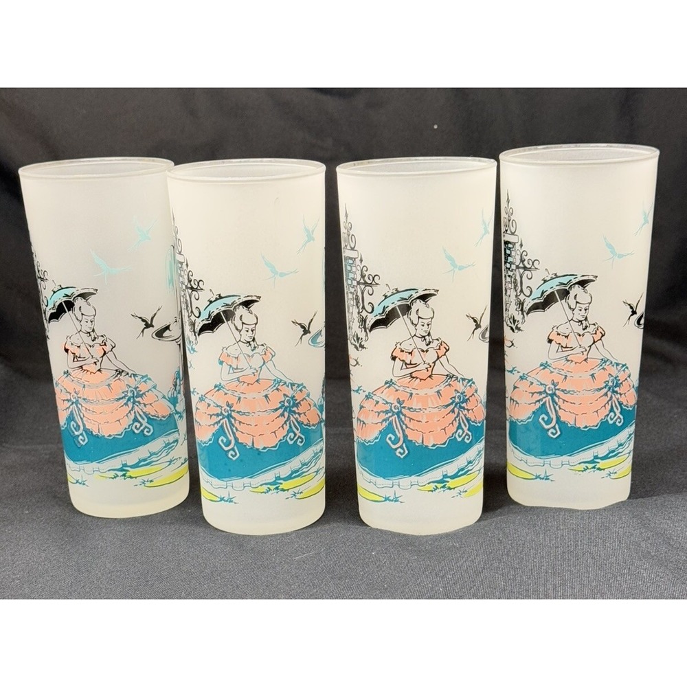 4 Vintage Libbey Southern Belle Tumblers Iced Tea Frosted Glasses White VGC
